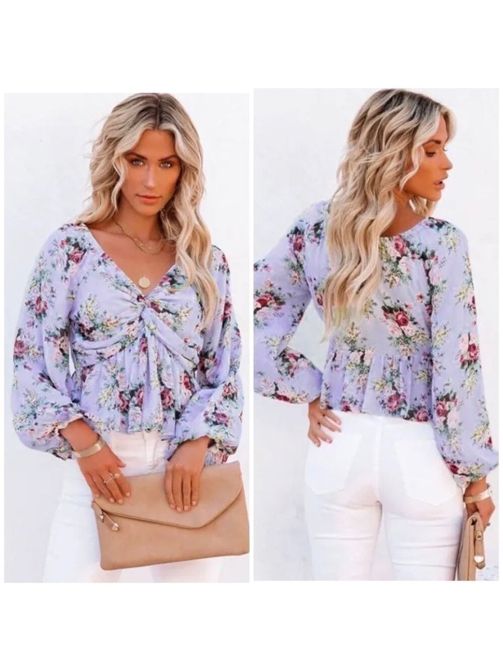 VICI Sure Thing Floral Balloon Sleeve Twist Blouse In Blue